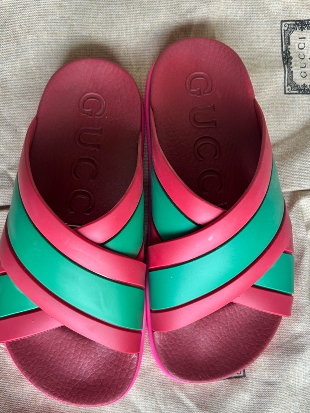 Gucci Red and Green Crisscross Slide Sandals